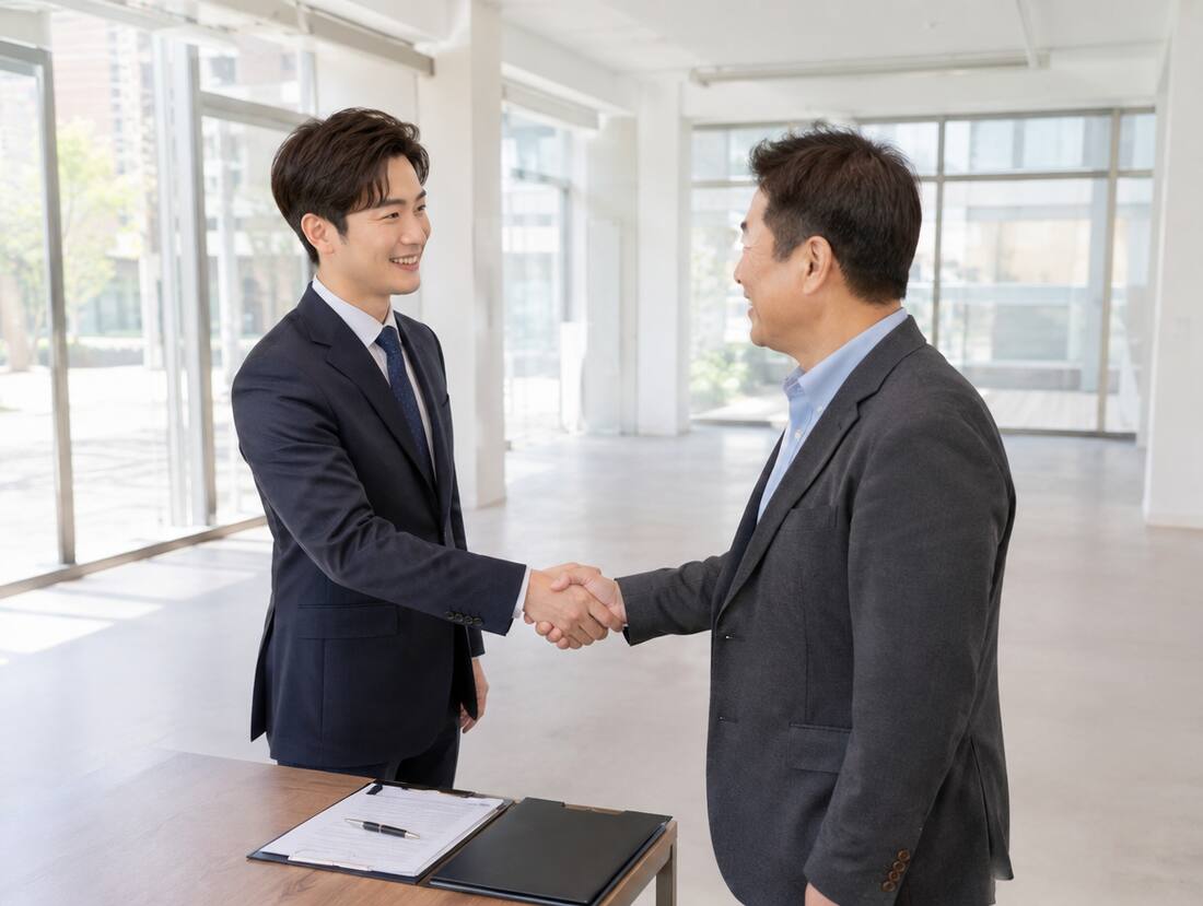 공실 상가에서 새 임차인과 계약을 마무리하는 모습